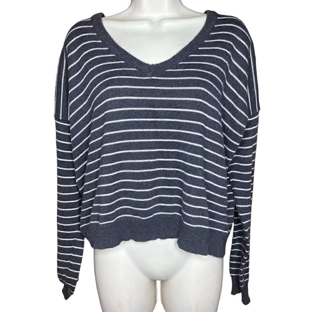 ATM Grey & White Striped V Neck Cropped Sweater NWT Size Small